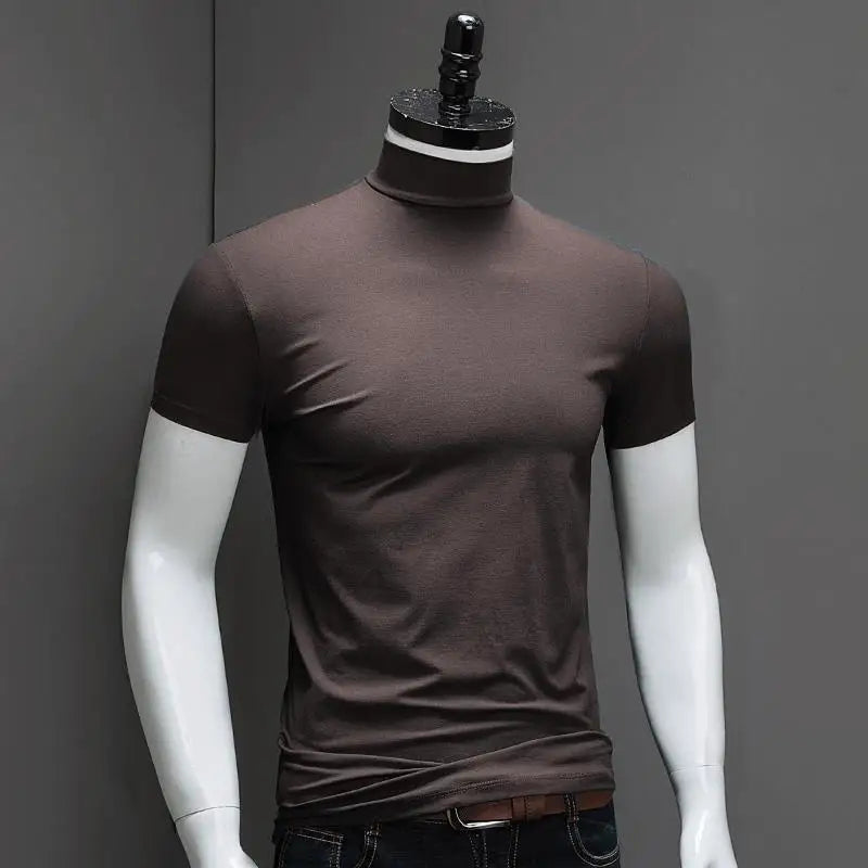 Fashion Men's Summer Korean Style Plus Size Harajuku T-Shirt Short Sleeve High Neck Turtleneck Slim Fit Luxury Clothing Male