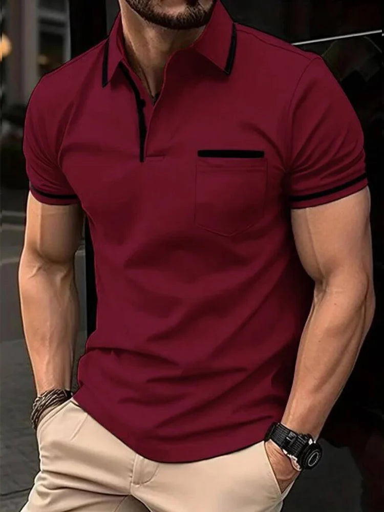 Men's casual fashion solid color short sleeve top lapel men's short sleeve T-shirt Casual fashion solid color top short sleeve