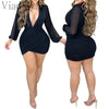 Deep V-Neck Mesh Long Sleeve Ruched Party Dress Femal Vestido