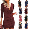 2020 Trendy Waist-Fitted Slimming Solid Color V-Neck Long Sleeve Tight Dress Ethnic Style Nightclub Dress For Women