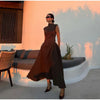 Chic Solid Slanted Collar Pleated A-line Maxi Dress Women's Elegant Sleeveless High Waist Slim Dresses Female Evening Robes