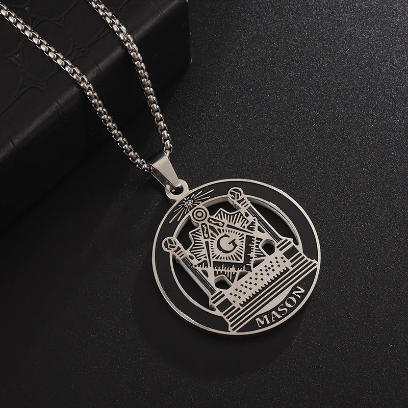 Men\\'s Classic Punk Gold Plated Freemason Round Medal Pendant Necklace Hip hop Style Rock Party Jewelry