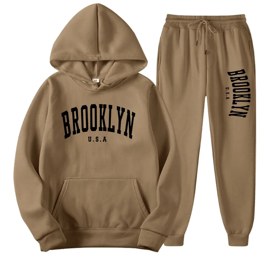 BROOKLYN USA Autumn Winter Popular Mens Tracksuit Zipper Hooded Sweatshirt Suit Casual Warm Jacket Coat+Jogging Sweatpants