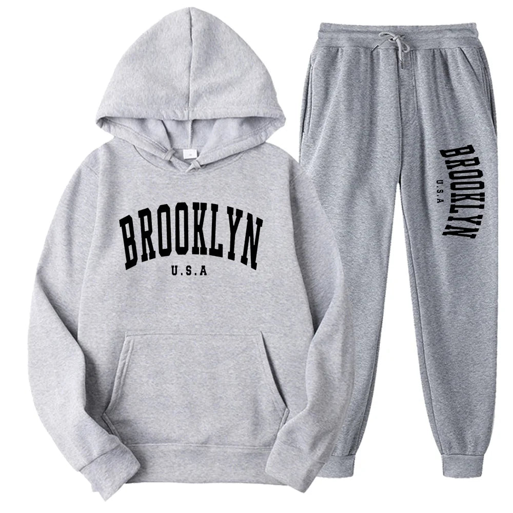 BROOKLYN USA Autumn Winter Popular Mens Tracksuit Zipper Hooded Sweatshirt Suit Casual Warm Jacket Coat+Jogging Sweatpants