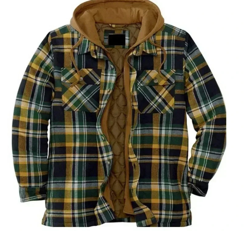 Mens Long Sleeve Winter Hooded Coats Fleece Lined Flannel Plaid Shirts Jacket Button Down Sherpa Jackets with Hood