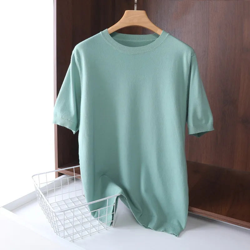 Superfine Merino Cashmere T Shirt Men's Knitted O-neck Breathable Thin Cashmer Short Sleeve Tee Solid Color Tops Tee