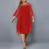 Elegant Midi Party Dress For Chubby Women Xxl O Neck Lace Sleeve Hollow Out Solid Sexy Women'S Clothing  Evening Dresses 2022