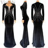 Women Sexy Velvet Mesh Rhinestone V-Neck Floor-Length Evening Party Dress Long Sleeve Back Zipper Mermaid Dresses