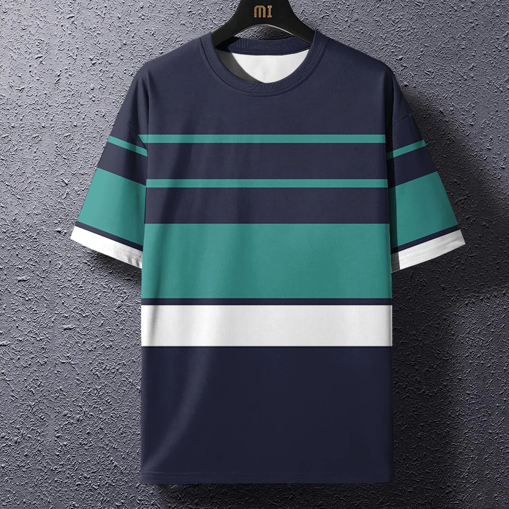 Summer Men's T-Shirt Stripe Print Crew Neck Pullover Business Casual Short Sleeve Tops Middle-Aged And Elderly Oversized Clothes