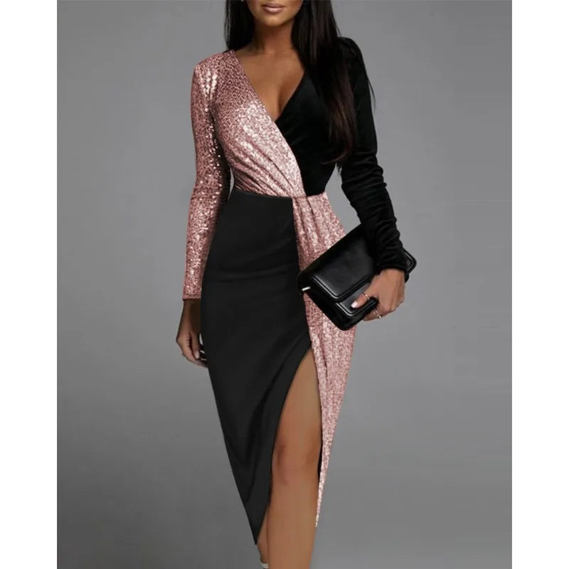 Women Splice Sequins Party Dress Elegant Chic 2024 Office Lady Long Sleeve Corset Bodycon Dress V Neck Slit Slim Evening Dress