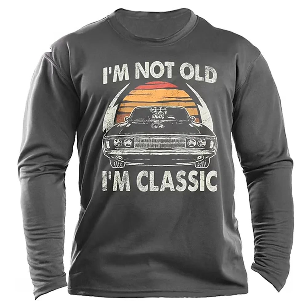 Classic Car Letter Vintage 3D Print Autumn Men's O-Neck T-shirt Casual Long Sleeve T-Shirt Oversized Pullover Trend Men Clothing