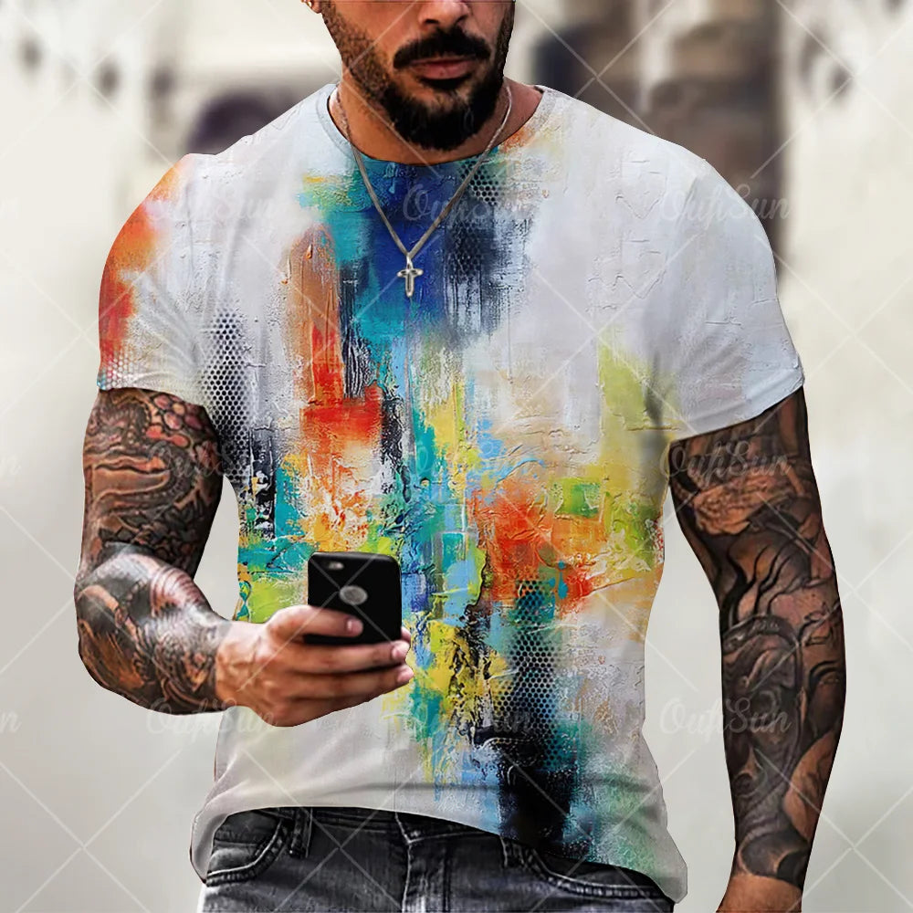 Vintage Men's T Shirts Personality Color Stripe Printed Fashion  O-Neck Short Sleeve Oversized t shirt  Breathable Streetwear