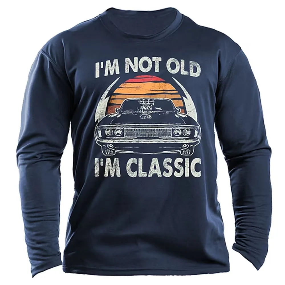 Classic Car Letter Vintage 3D Print Autumn Men's O-Neck T-shirt Casual Long Sleeve T-Shirt Oversized Pullover Trend Men Clothing