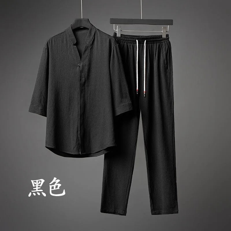 Summer New Men's Fashion Solid Color Two-Piece Men's Casual Loose Comfortable Breathable High-Quality Plus Size Suit M-4XL