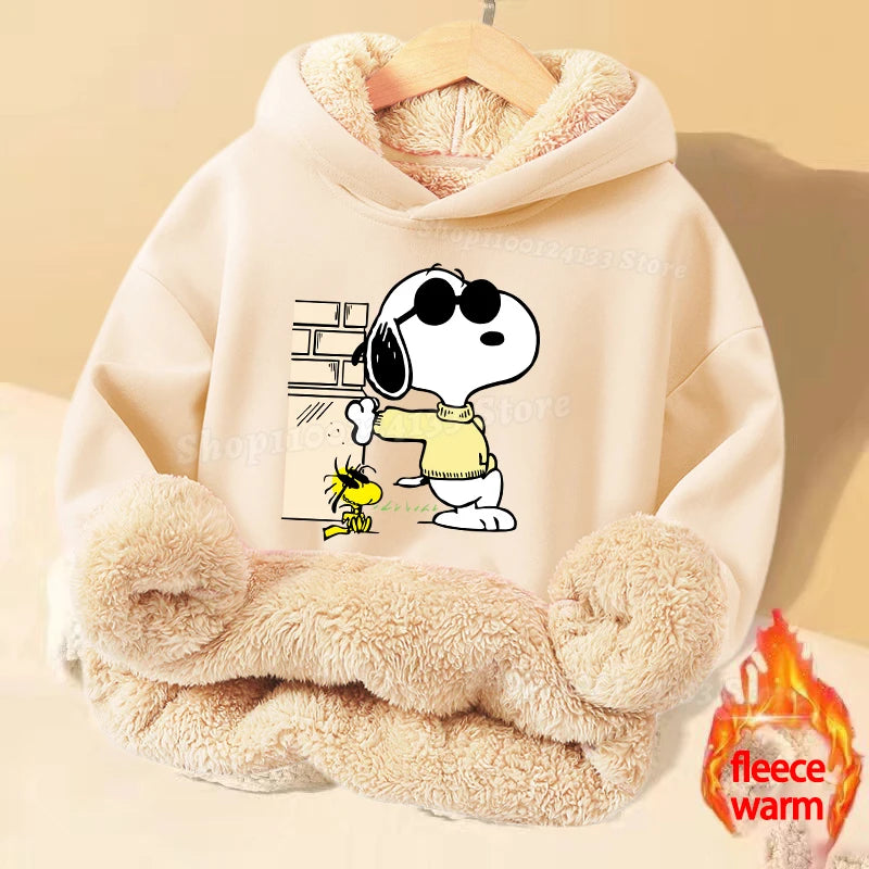 Snoopys Baby Sweatshirt Thickened Fleece Girl Hoodie Cartoon Clothes Long Sleeve Winter Warm Cashmere Hoodie Tops Jacket Kid New