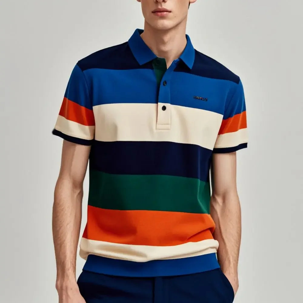 Men's Polo T-Shirt Streetwear Fashion Stripe Printing Summer New Short Sleeves Button Tops Oversized Casual Golf High-quality