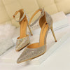 Women Shallow Mouth Pointed Toe Hollow High Heels Sandals Wedding Champagne Gold Pumps Crystal Glitter Rhinestone Sandals