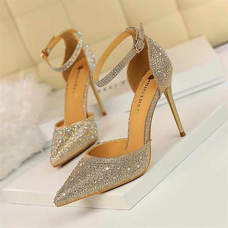 Women Shallow Mouth Pointed Toe Hollow High Heels Sandals Wedding Champagne Gold Pumps Crystal Glitter Rhinestone Sandals