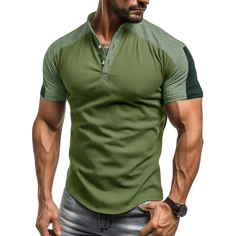 America Style Summer Fashion Men Contrast Color Patchwork Short Sleeve Henrry T-shirt Stand Collar Basic Tee Slim Fit Sport Tops