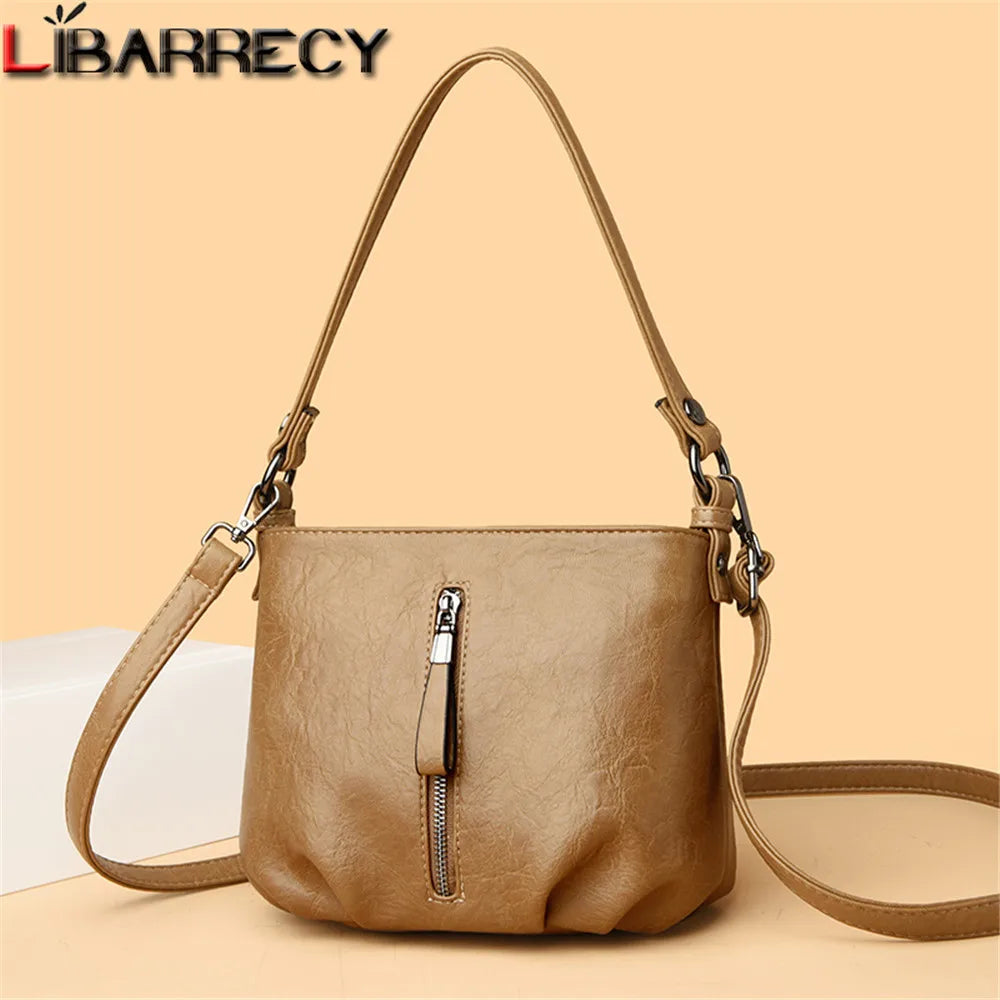 Solid Soft Leather Handbag for Women Casual Crossbody Bag for Daily Commute Multi Compartment Zipper Shoulder Bags Female Sac