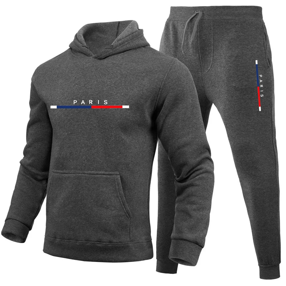 Paris Print, Men's 2Pcs Outfits, Casual Hoodies Long Sleeve Pullover Hooded Sweatshirt And Sweatpants Joggers Set For Spring Fal