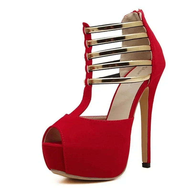 Sexy High Heels Women Stilettos Platform Elegant Metal Woman Wedding Pumps Black Red Medium Heel Shoes