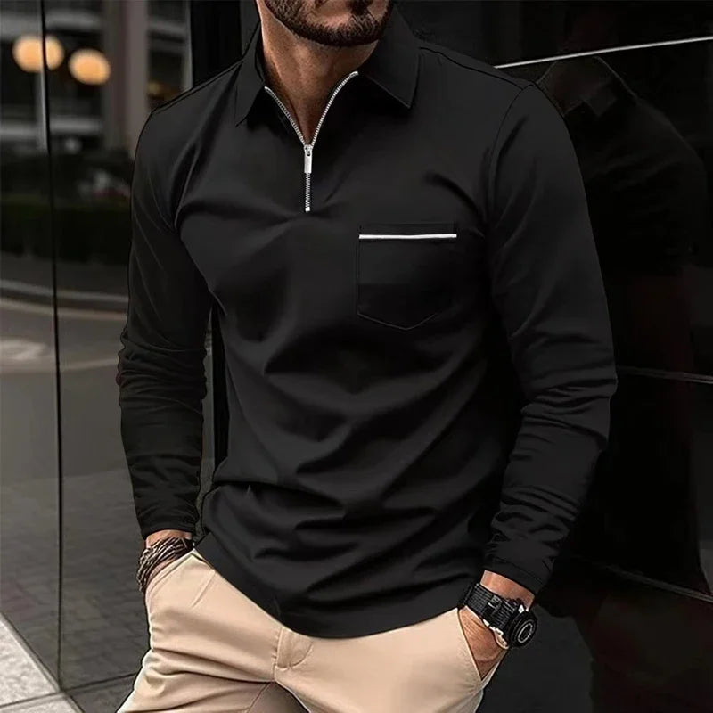 Men's Fashion POLO Shirt Autumn Long Sleeve Lapel Zipper Pocket Business Casual Shirt Golf T-shirt Pullover Street Wear XS-XL