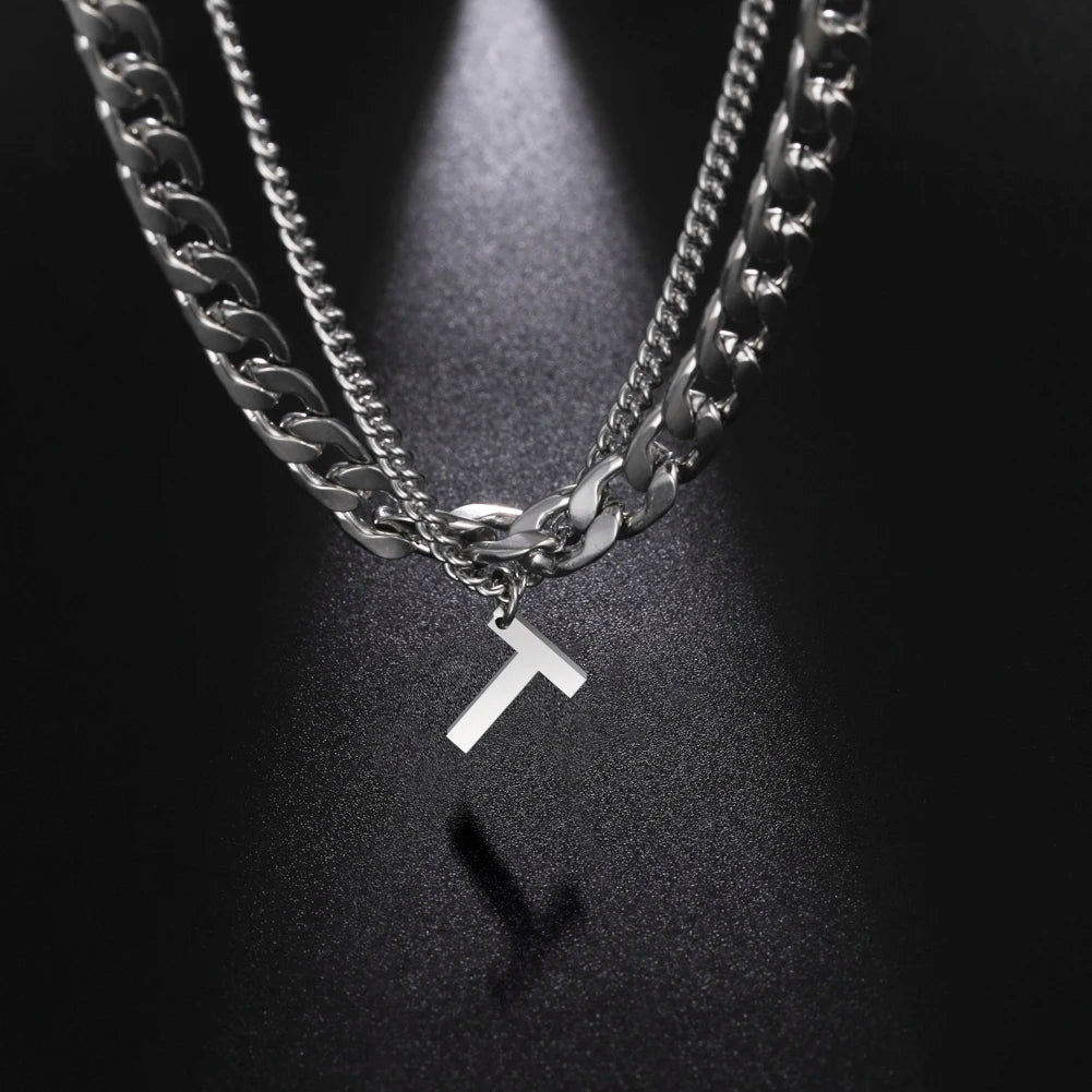 Stainless Steel Double Layer Necklaces for Men Women Simple 26 Letter Pendant Necklace Fashion Women's Jewelry for Party Gift