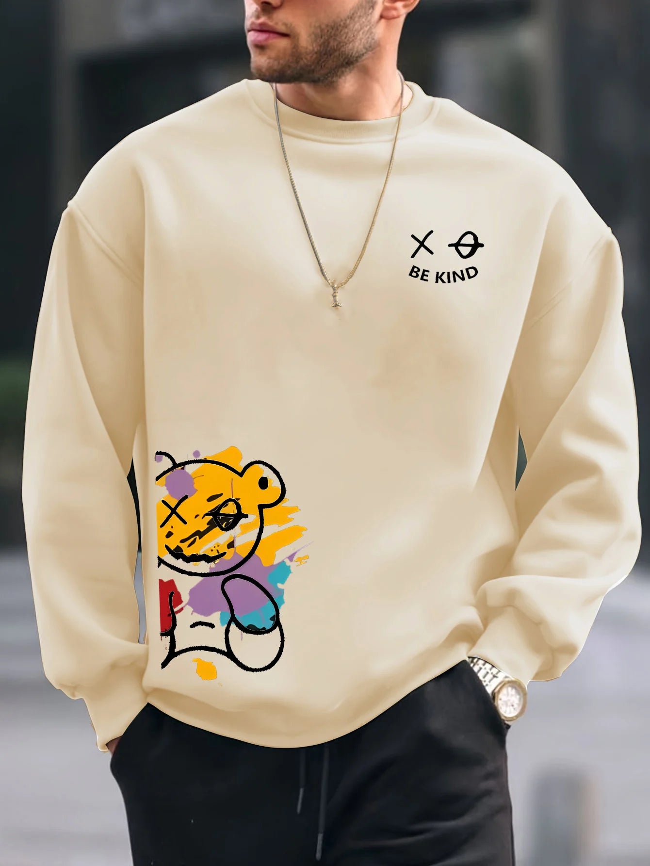 Men's autumn and winter fashionable casual loose BE KING bear cartoon printed fleece pullover round neck long sleeved sweatshirt