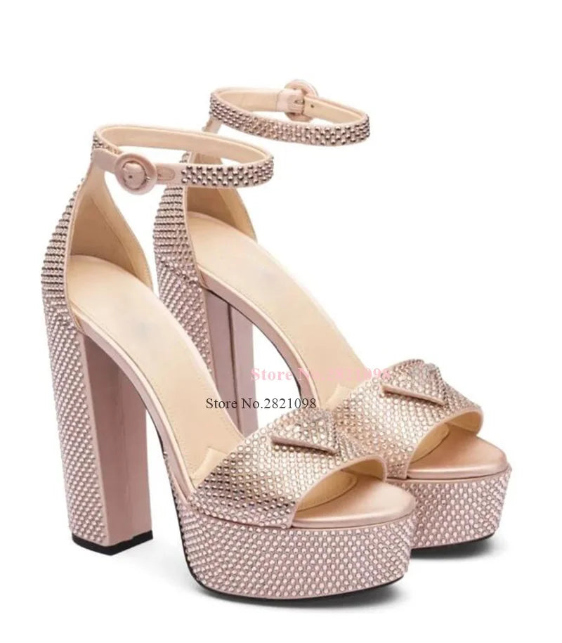 Gold-Tone 135Mm Crystal Embellished Platform Sandals High Heel Glitter Pumps Women High Heels Chunky Heeled Summer Party Shoes