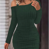 Metal Chain Solid Color Slim Dresses Women's Long Sleeved Sloping Collar Off Shoulder Dress Sexy Elegant Autumn Dress