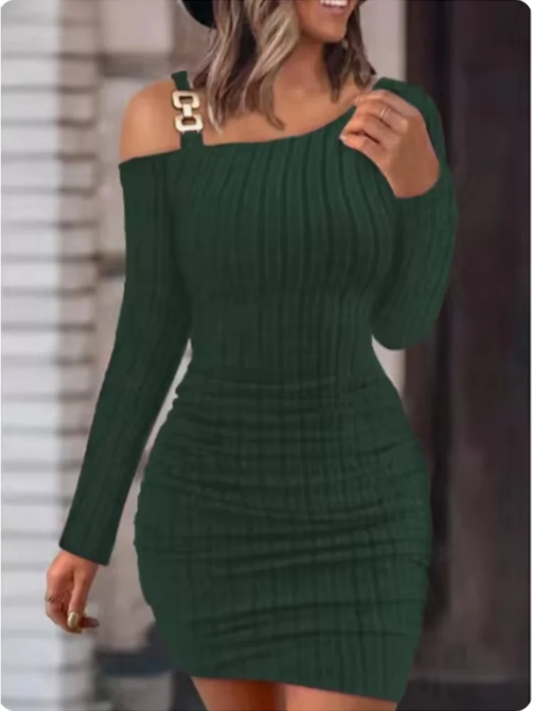 Metal Chain Solid Color Slim Dresses Women's Long Sleeved Sloping Collar Off Shoulder Dress Sexy Elegant Autumn Dress