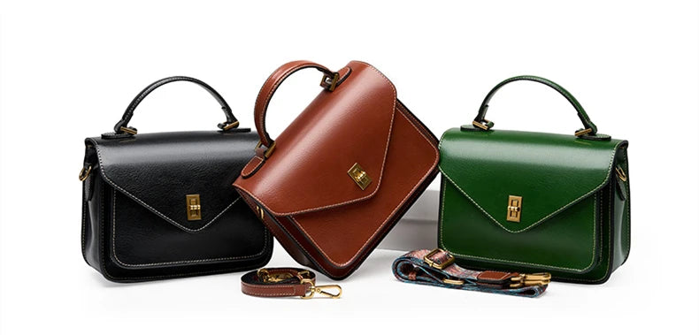 Genuine Leather Women luxury bag high quality Simple vintage Fashion Postman handbags ladies shoulder green small bag