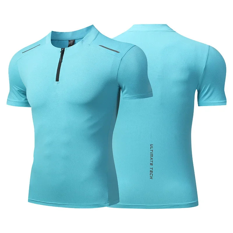 Men's Fitness Ice Silk Sports Tight Tops Running Training Dry Fit Short Sleeve with Half Zip Bodybuilding Tee Muscle Fit T-shirt