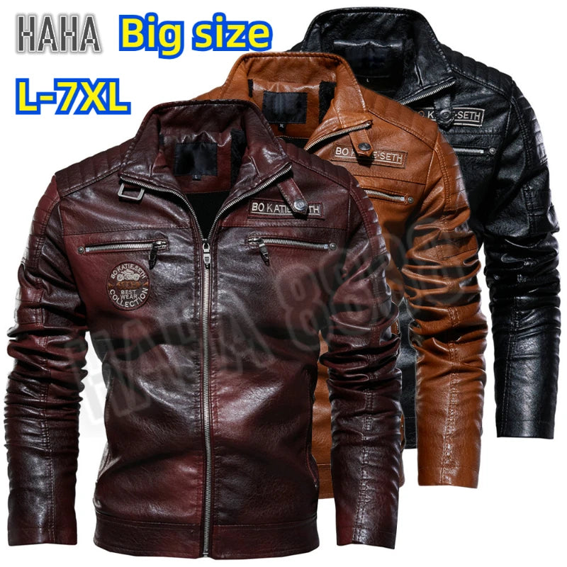 Motorcycle Leather Jacket Autumn Casual Patchwork Vintage Overcoat Biker PU Embroidery Bomber Zipper Fleece Jackets Male