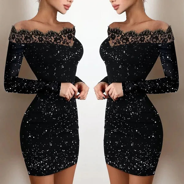 Elegance, Leisure, Sexy Long sleeved Lace Edge, One Shoulder Silver Powder Sprinkled Dress