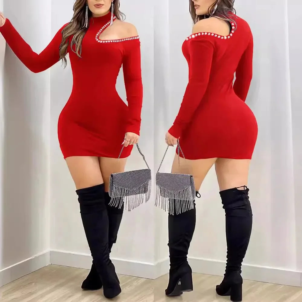 Women's Clothing Hollow Hot Drilling Midi Dress Long Sleeve Solid Color Sexy Bodycon Fashion Summer Dress