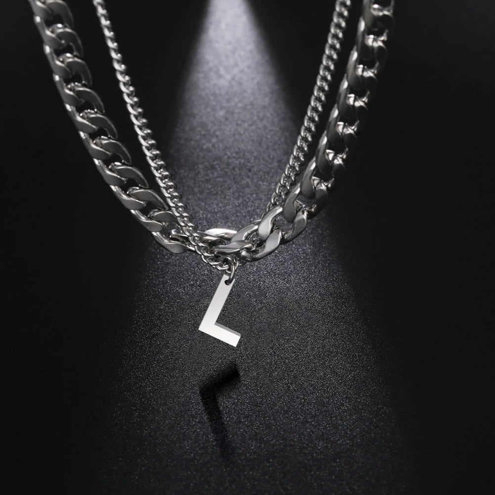 Stainless Steel Double Layer Necklaces for Men Women Simple 26 Letter Pendant Necklace Fashion Women's Jewelry for Party Gift