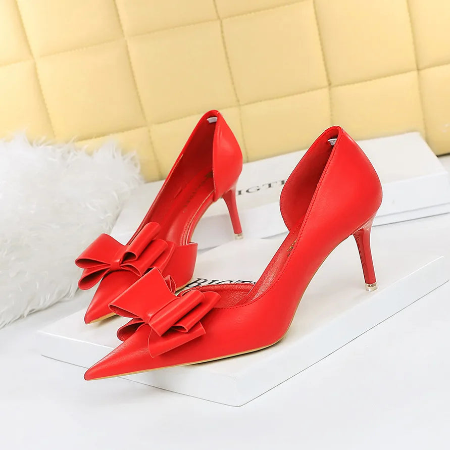 Korean Fashion Women's Shoes Wedding Bow High Heels Stiletto Heels Shallow Pointed Head Side Empty Thin Shoes