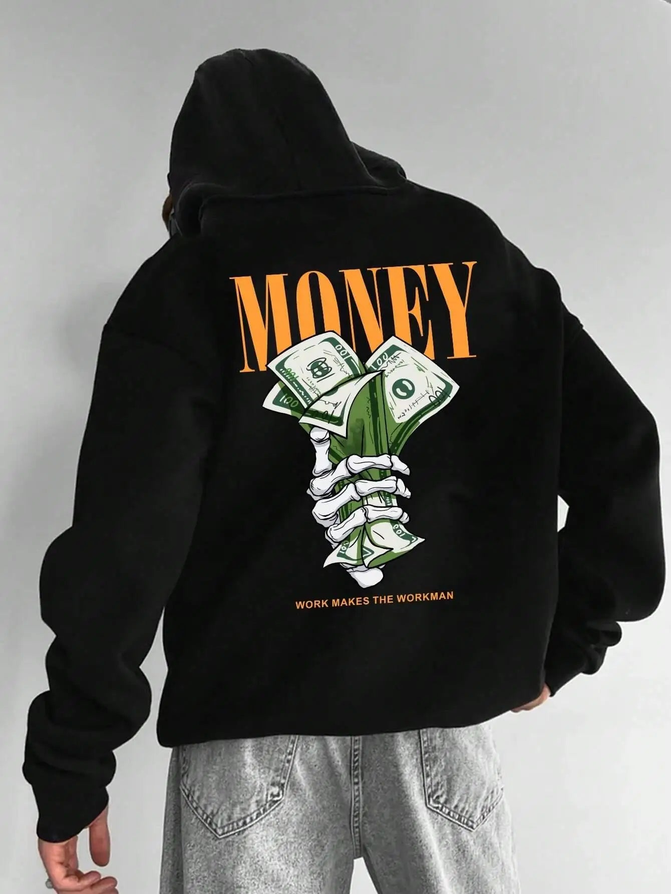 Street Trend Letter Money Printing Hoodie For Men Pocket Drawstring Pullovers Fleece Warm Sweatshirts Autumn Comfortable Clothes