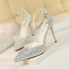 Women Shallow Mouth Pointed Toe Hollow High Heels Sandals Wedding Champagne Gold Pumps Crystal Glitter Rhinestone Sandals