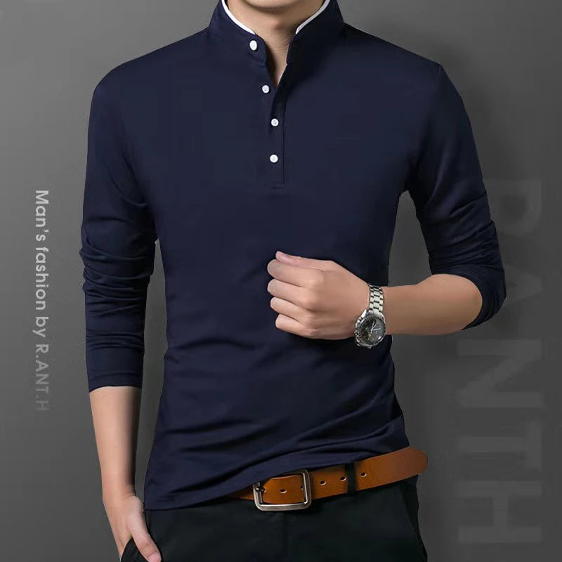 Men's Business Casual Polo Long Sleeve T-shirt Summer Comfortable and Breathable Solid Top