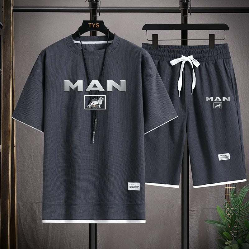 Mens Tracksuit T-shirt and Shorts Two Piece Set Truck Man Car Logo Men Sports Suit Fashion Breathable Sets