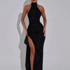 Mozision Sparkle Thigh High Split Sexy Maxi Dress Women Gown Black Half High Collar Sleeveless Backless Bodycon Sexy Long Dress