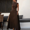 Elegant High Collar A-line Maxi Dress For Women Fashion Solid Pleated Slim Long Dresses New Lady Evening Party Prom Gowns