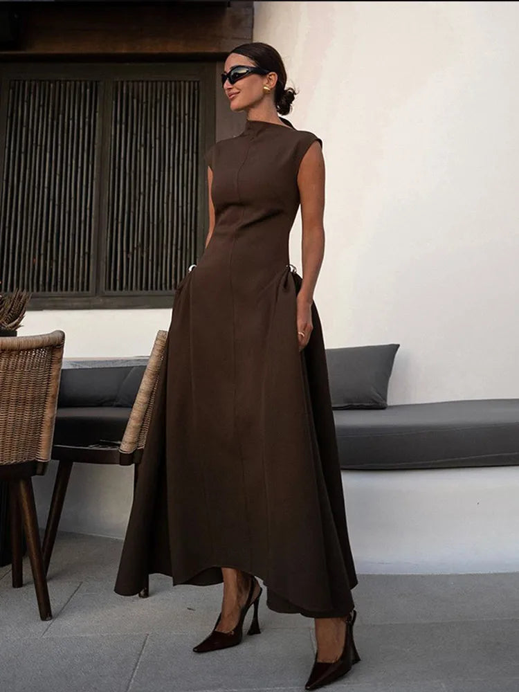 Elegant High Collar A-line Maxi Dress For Women Fashion Solid Pleated Slim Long Dresses New Lady Evening Party Prom Gowns