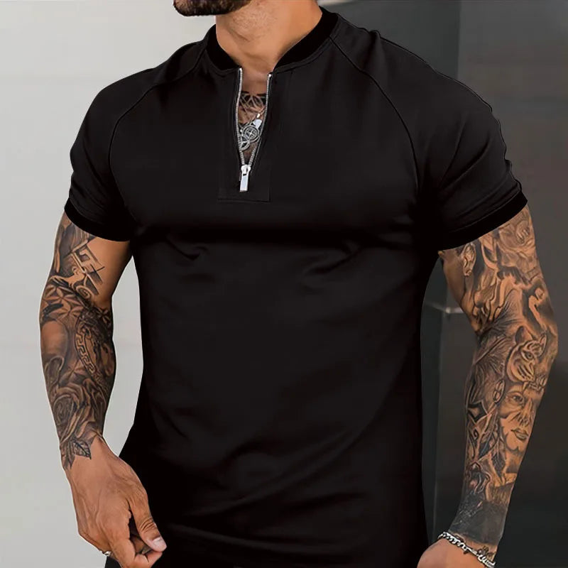 Casual England Style short Sleeve T Shirt Men's Vintage Solid Zipper O Collar Polo Pullover Summer Clothing Men's Shirt