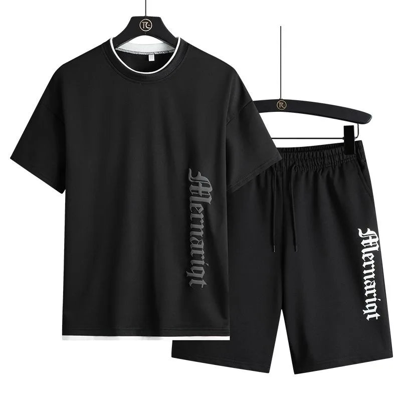 2024 Summer New Fashion Solid Color Short-Sleeved T-shirt Set Men's Casual Relaxed Comfortable Breathable Sports Two-Piece Set