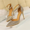 Women Shallow Mouth Pointed Toe Hollow High Heels Sandals Wedding Champagne Gold Pumps Crystal Glitter Rhinestone Sandals