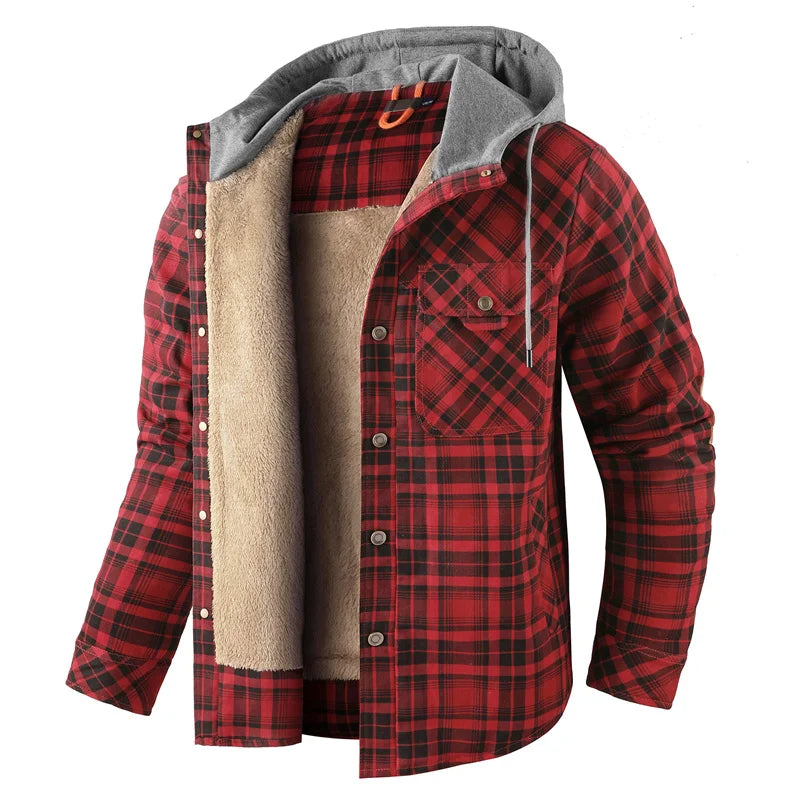 New Fleece Thickening Man Lattice Keep Warm Tops Retro Style Fashion Hooded Jacket Winter Outdoors Cultivate Oneself Coats Man